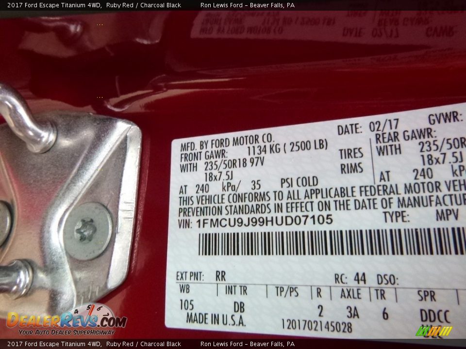 2017 Ford Escape Titanium 4WD Ruby Red / Charcoal Black Photo #15