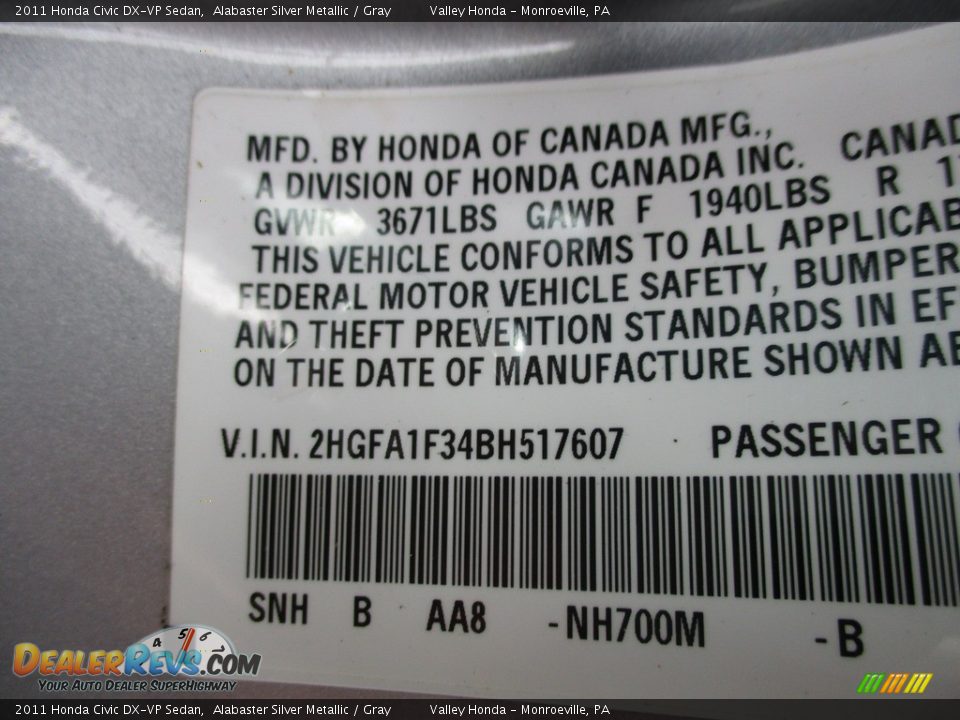 2011 Honda Civic DX-VP Sedan Alabaster Silver Metallic / Gray Photo #19