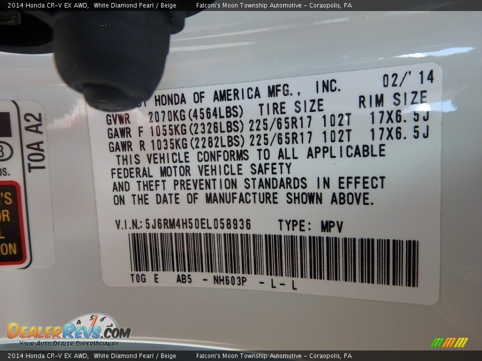 2014 Honda CR-V EX AWD White Diamond Pearl / Beige Photo #23