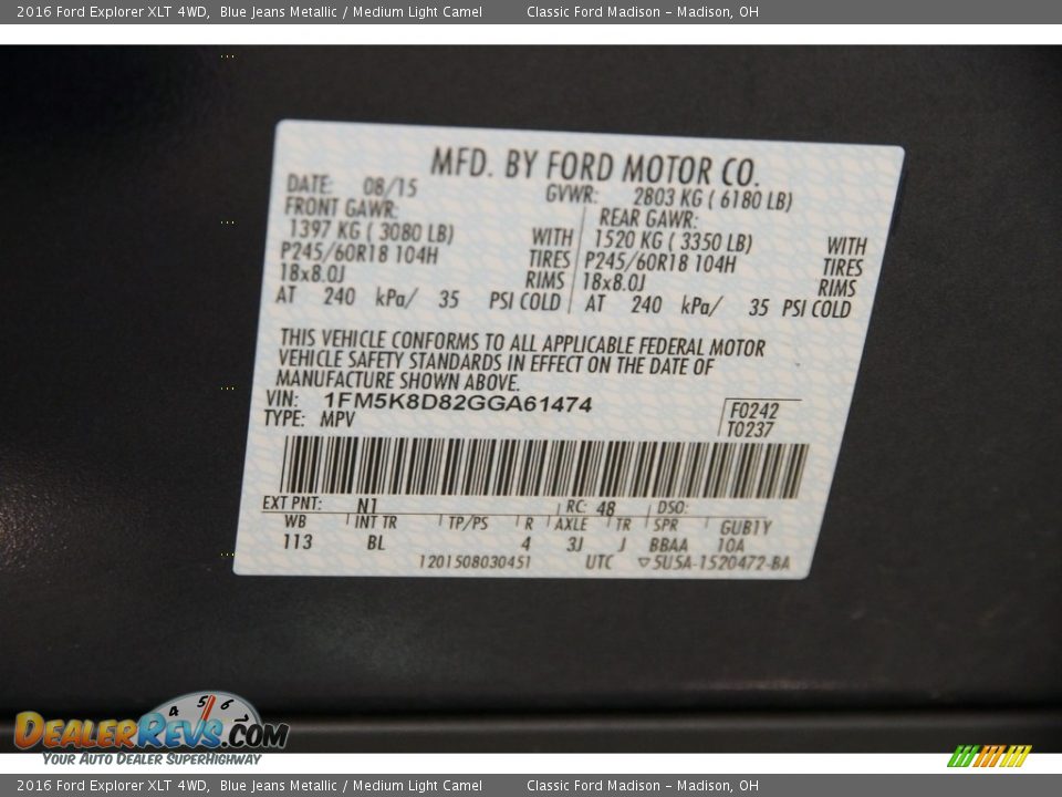 2016 Ford Explorer XLT 4WD Blue Jeans Metallic / Medium Light Camel Photo #20