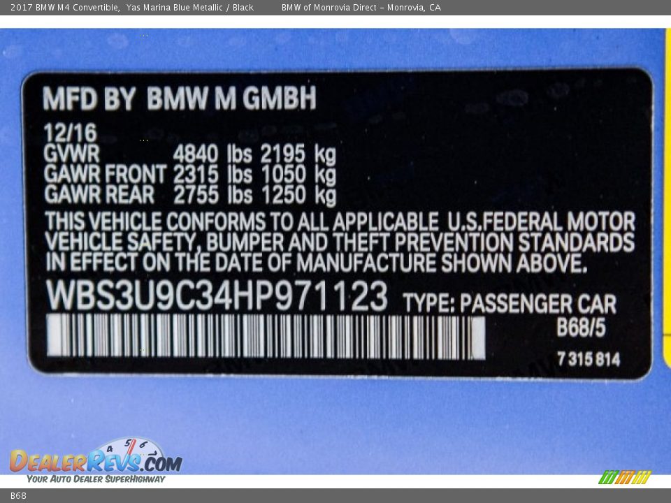 BMW Color Code B68 Yas Marina Blue Metallic