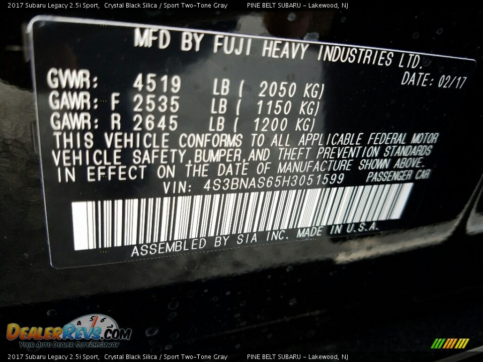 2017 Subaru Legacy 2.5i Sport Crystal Black Silica / Sport Two-Tone Gray Photo #7