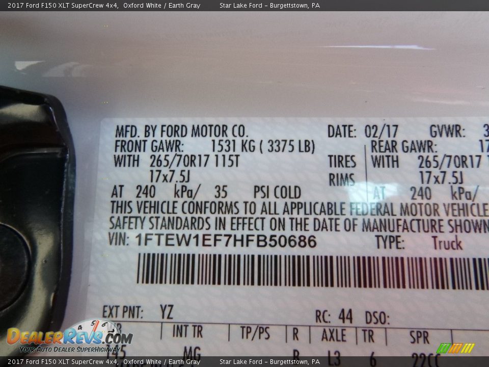 2017 Ford F150 XLT SuperCrew 4x4 Oxford White / Earth Gray Photo #14