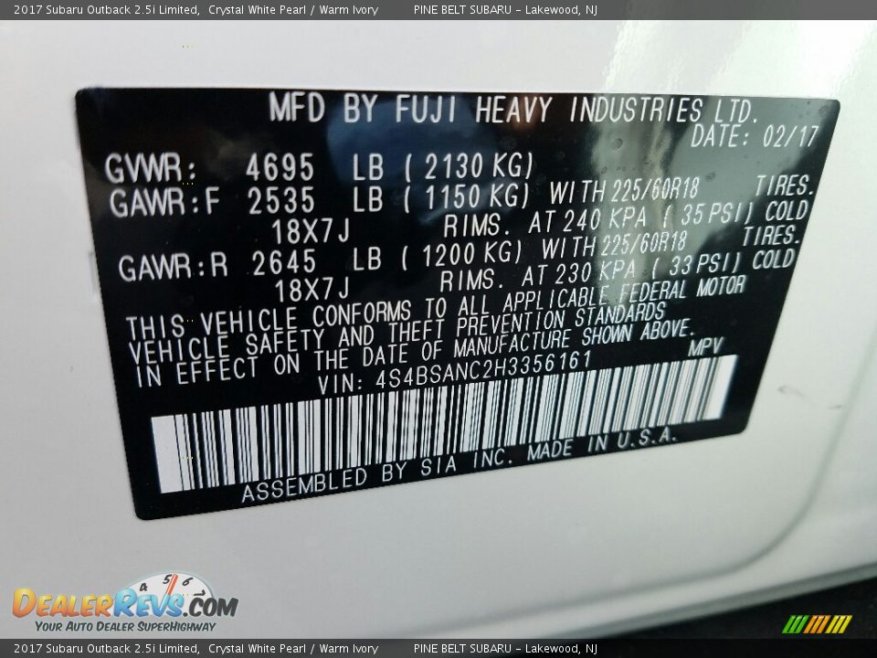 2017 Subaru Outback 2.5i Limited Crystal White Pearl / Warm Ivory Photo #7