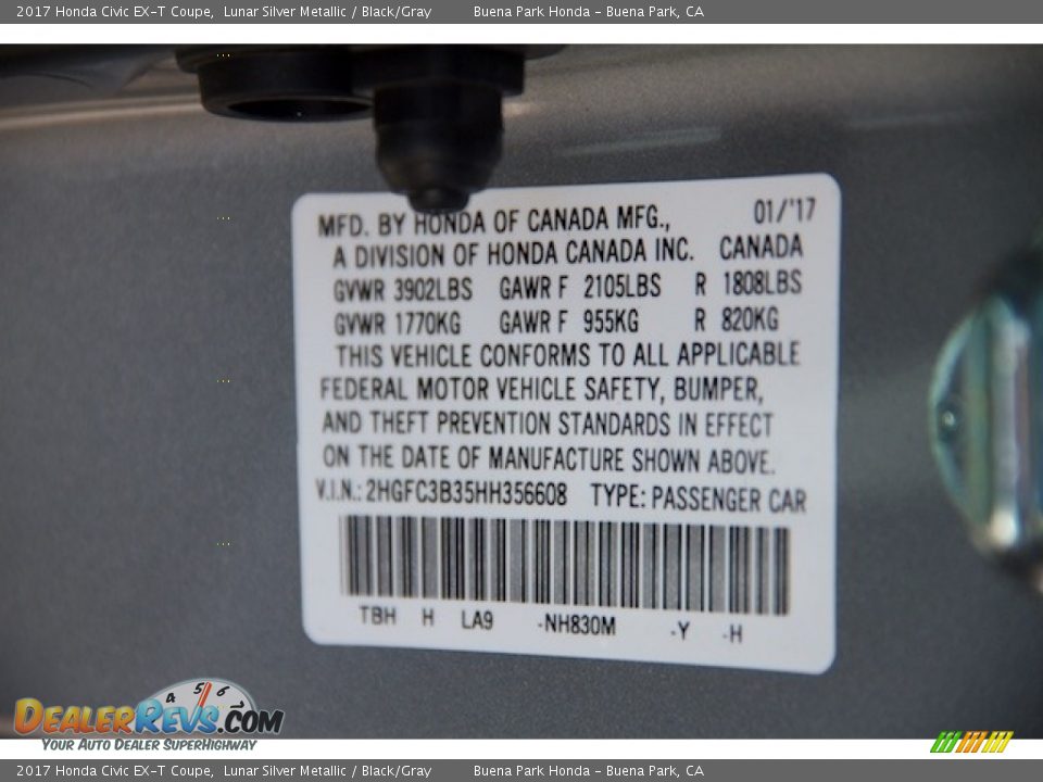 2017 Honda Civic EX-T Coupe Lunar Silver Metallic / Black/Gray Photo #17