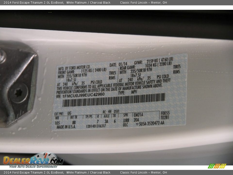 2014 Ford Escape Titanium 2.0L EcoBoost White Platinum / Charcoal Black Photo #22