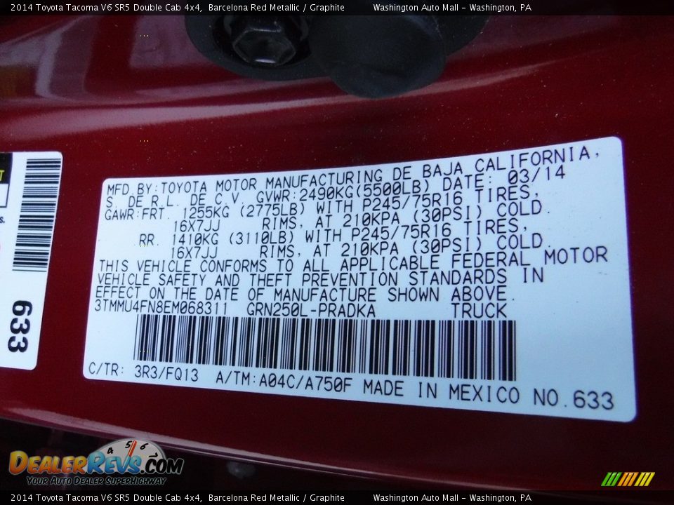 2014 Toyota Tacoma V6 SR5 Double Cab 4x4 Barcelona Red Metallic / Graphite Photo #24