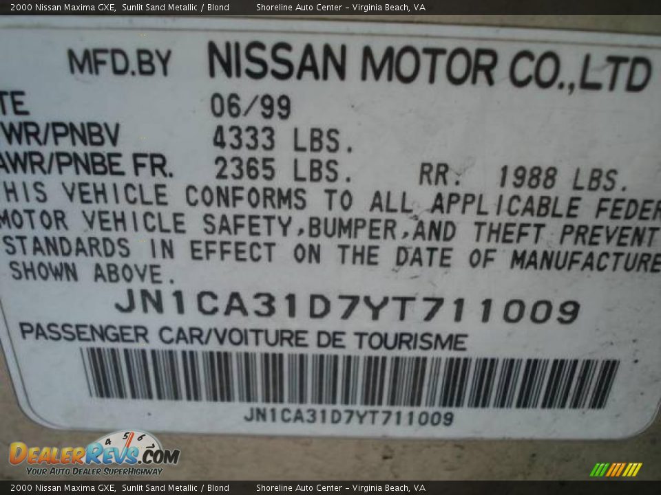 2000 Nissan Maxima GXE Sunlit Sand Metallic / Blond Photo #14