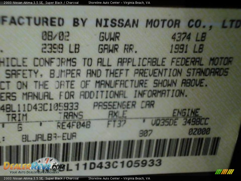 2003 Nissan Altima 3.5 SE Super Black / Charcoal Photo #18