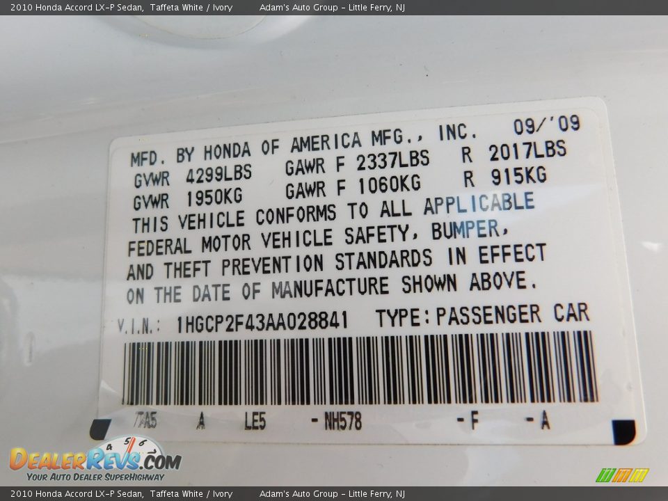 2010 Honda Accord LX-P Sedan Taffeta White / Ivory Photo #9