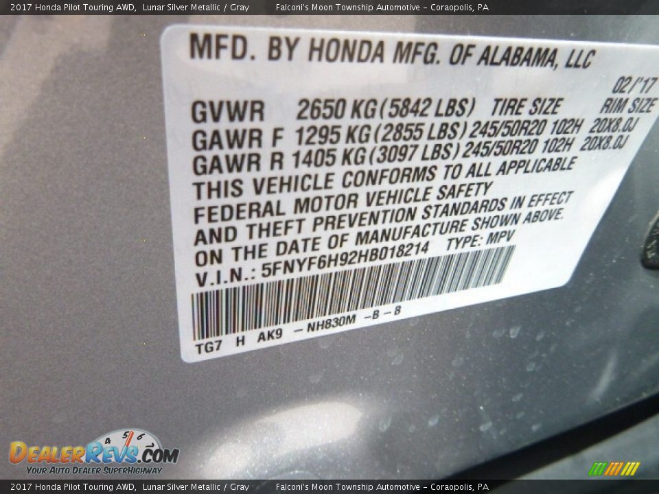 2017 Honda Pilot Touring AWD Lunar Silver Metallic / Gray Photo #14
