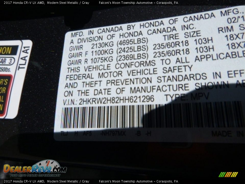 2017 Honda CR-V LX AWD Modern Steel Metallic / Gray Photo #13