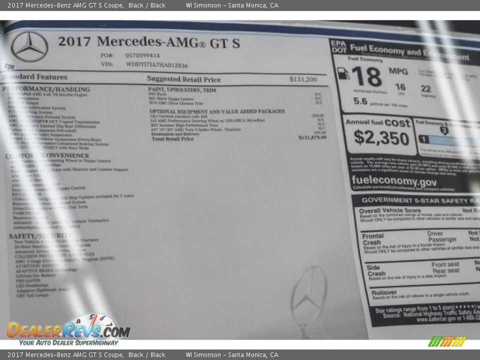 2017 Mercedes-Benz AMG GT S Coupe Window Sticker Photo #11