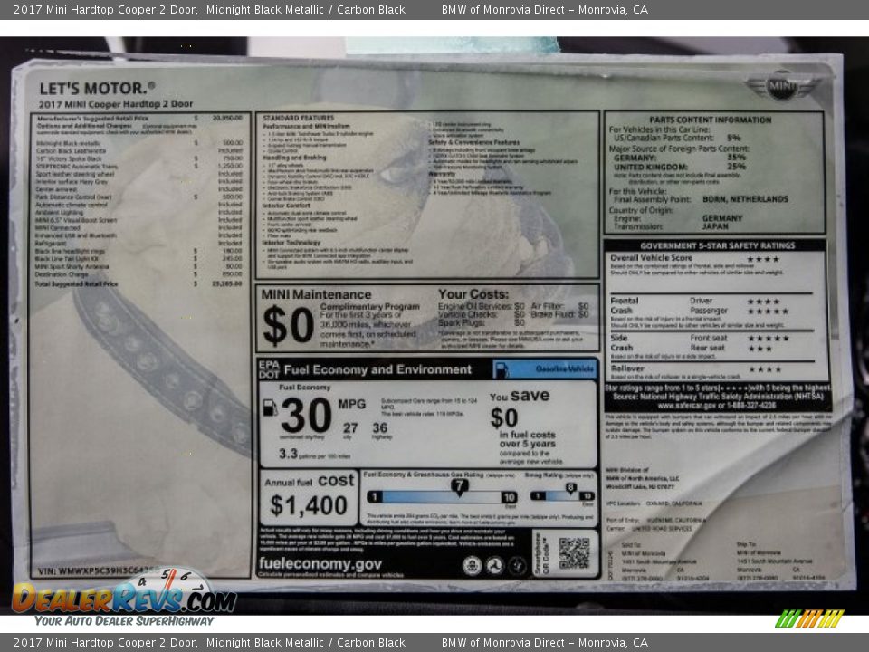 2017 Mini Hardtop Cooper 2 Door Midnight Black Metallic / Carbon Black Photo #10