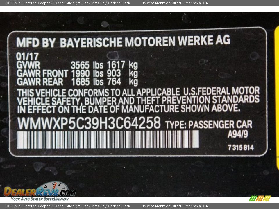 2017 Mini Hardtop Cooper 2 Door Midnight Black Metallic / Carbon Black Photo #11