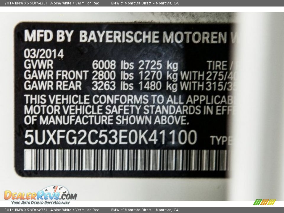 2014 BMW X6 xDrive35i Alpine White / Vermilion Red Photo #22