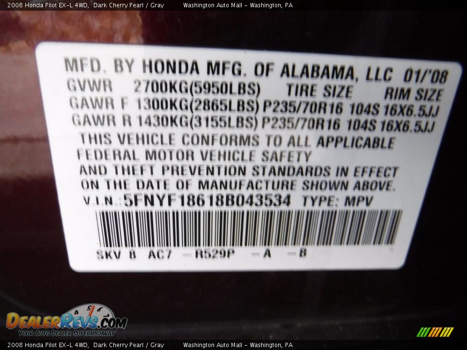 2008 Honda Pilot EX-L 4WD Dark Cherry Pearl / Gray Photo #26