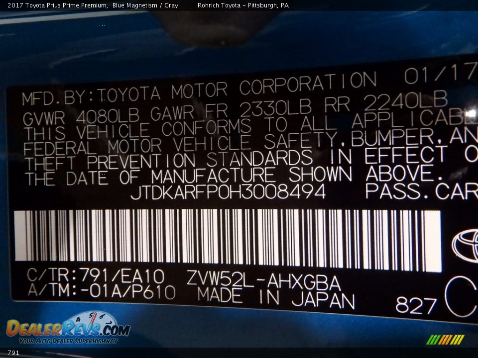 Toyota Color Code 791 Blue Magnetism