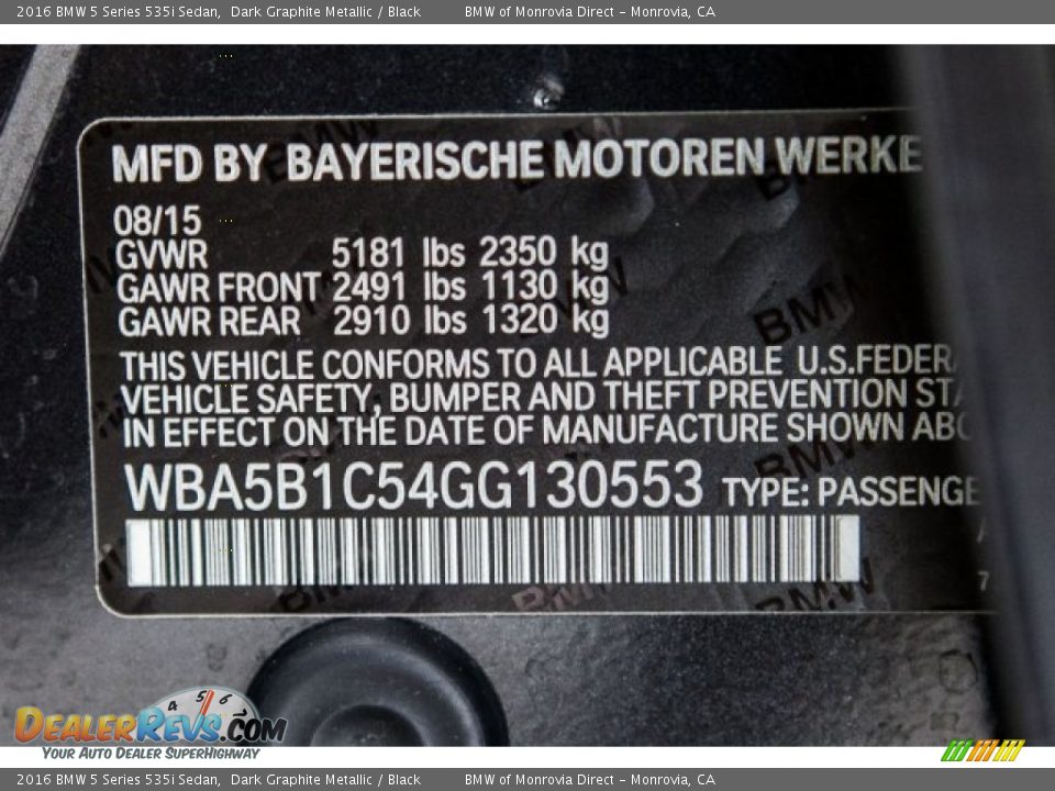 2016 BMW 5 Series 535i Sedan Dark Graphite Metallic / Black Photo #22