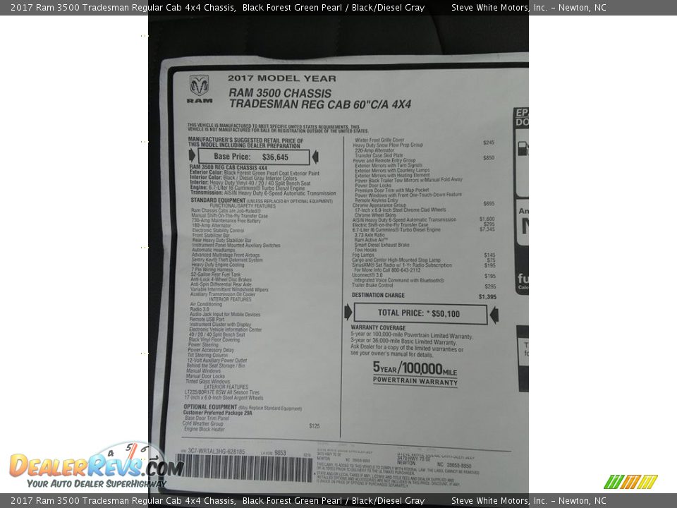 2017 Ram 3500 Tradesman Regular Cab 4x4 Chassis Black Forest Green Pearl / Black/Diesel Gray Photo #20