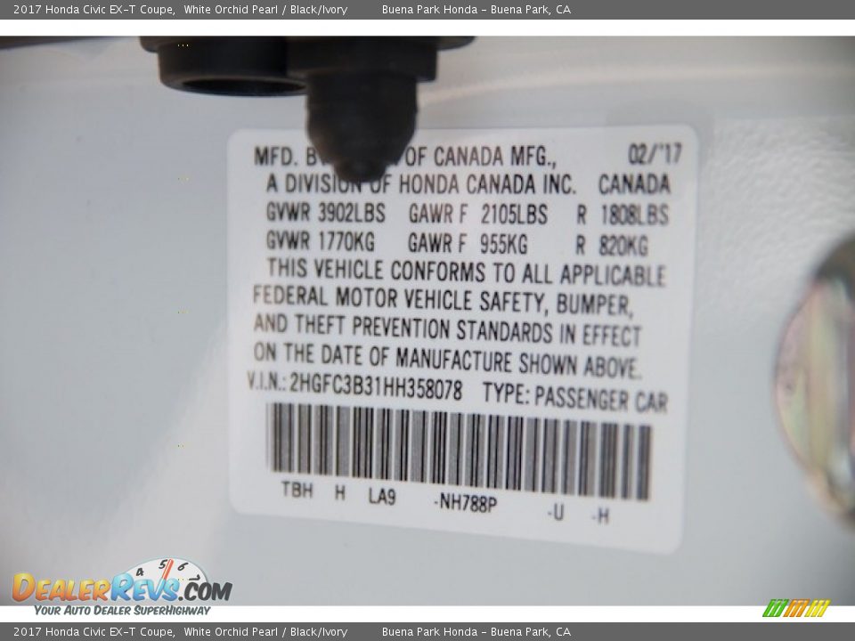 2017 Honda Civic EX-T Coupe White Orchid Pearl / Black/Ivory Photo #7