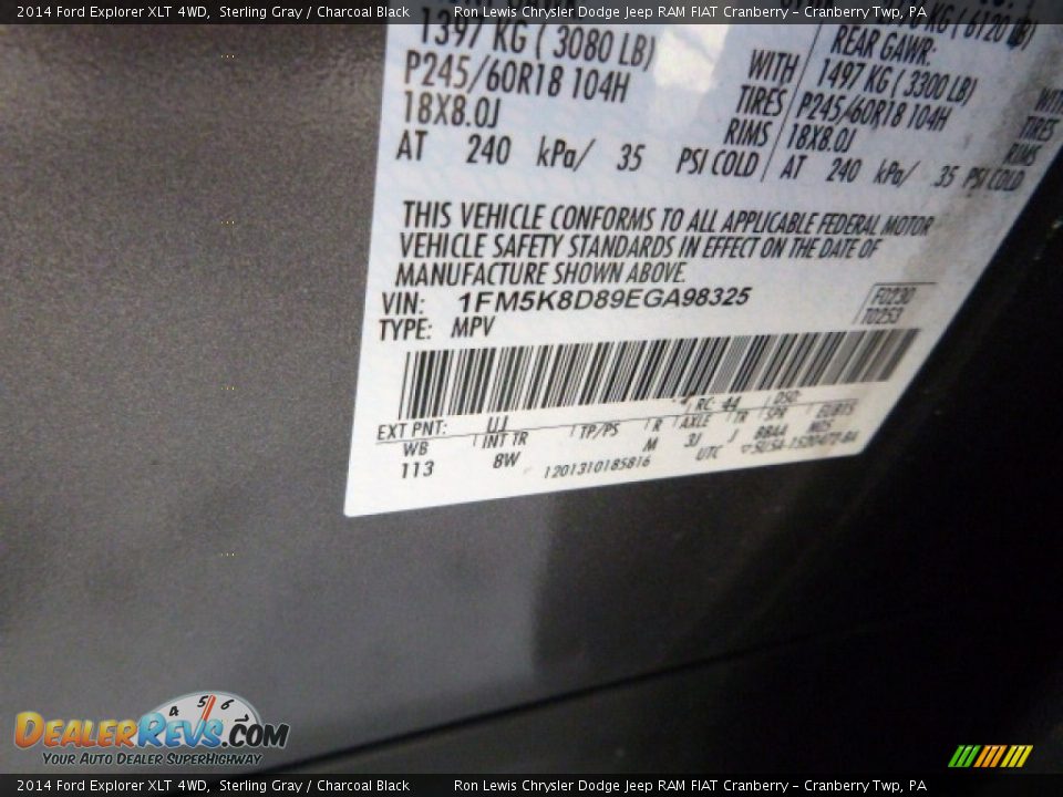 2014 Ford Explorer XLT 4WD Sterling Gray / Charcoal Black Photo #17