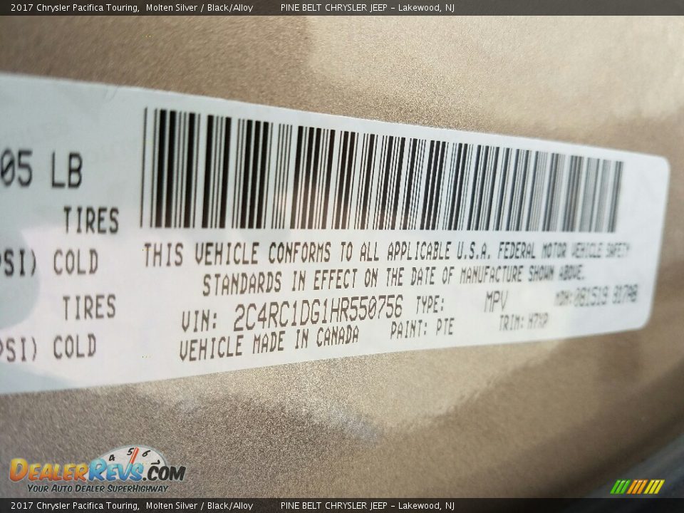 2017 Chrysler Pacifica Touring Molten Silver / Black/Alloy Photo #7