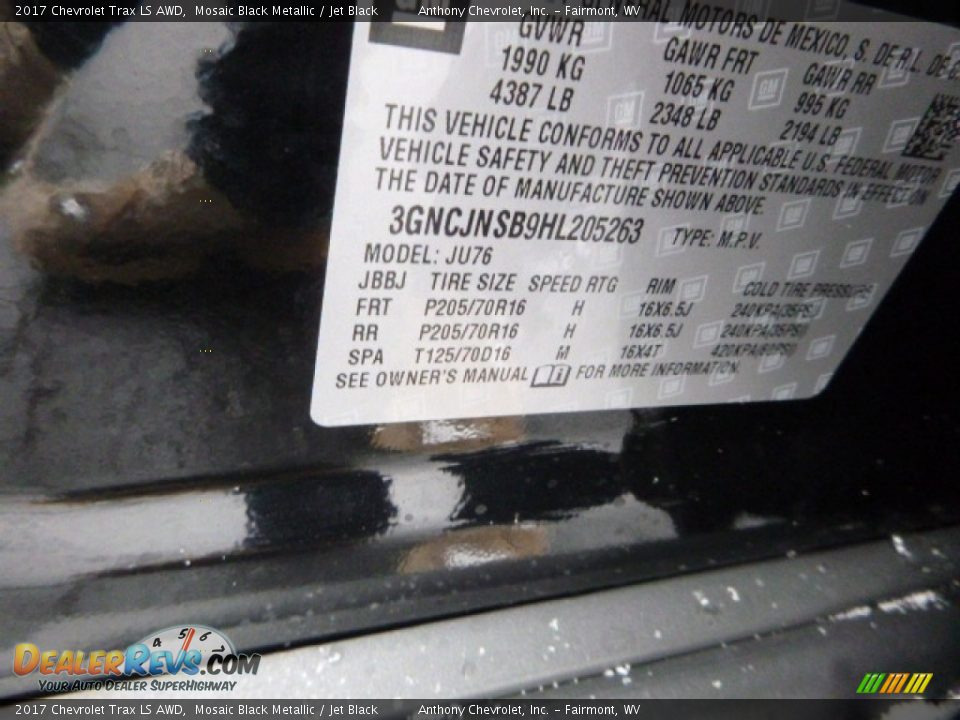 2017 Chevrolet Trax LS AWD Mosaic Black Metallic / Jet Black Photo #15