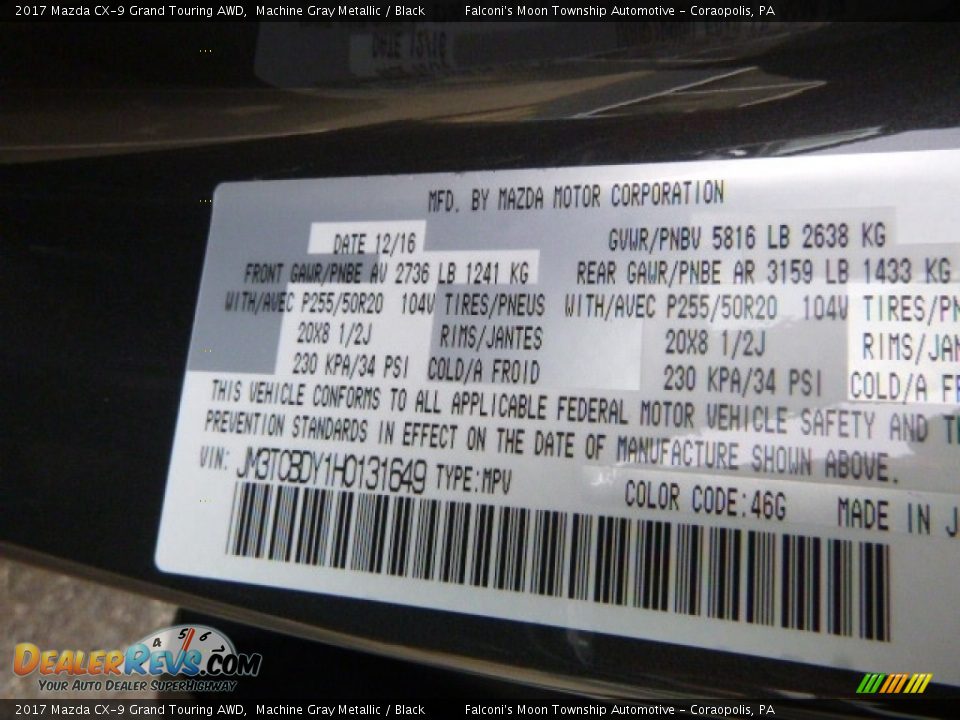 2017 Mazda CX-9 Grand Touring AWD Machine Gray Metallic / Black Photo #13
