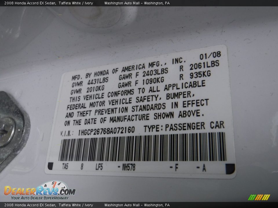 2008 Honda Accord EX Sedan Taffeta White / Ivory Photo #24