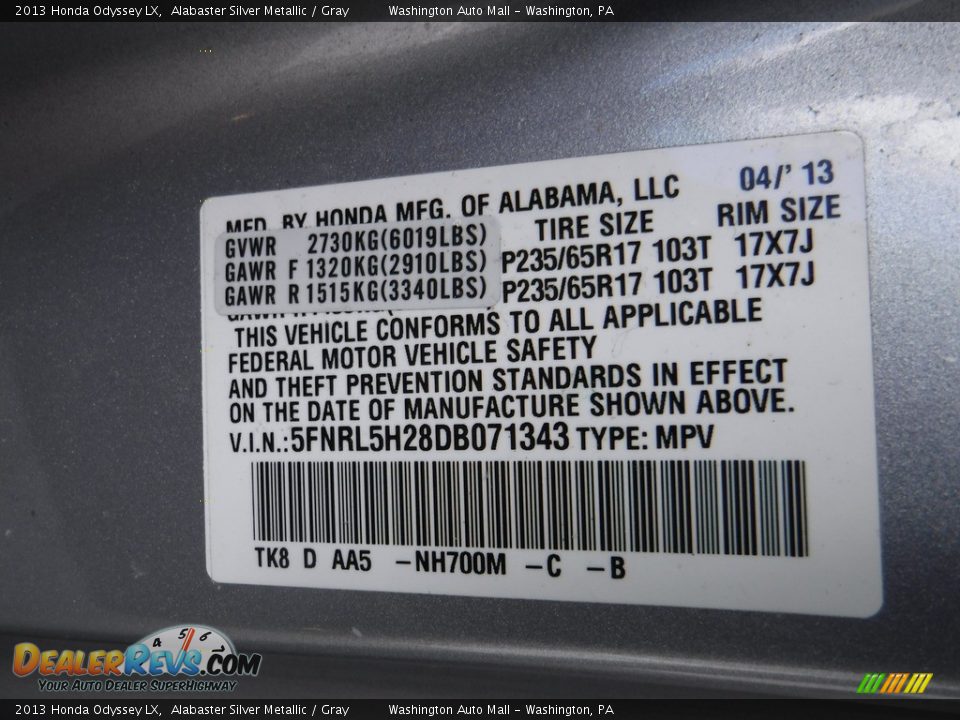 2013 Honda Odyssey LX Alabaster Silver Metallic / Gray Photo #21