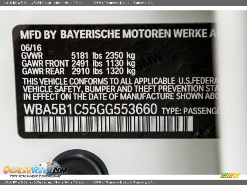 2016 BMW 5 Series 535i Sedan Alpine White / Black Photo #22