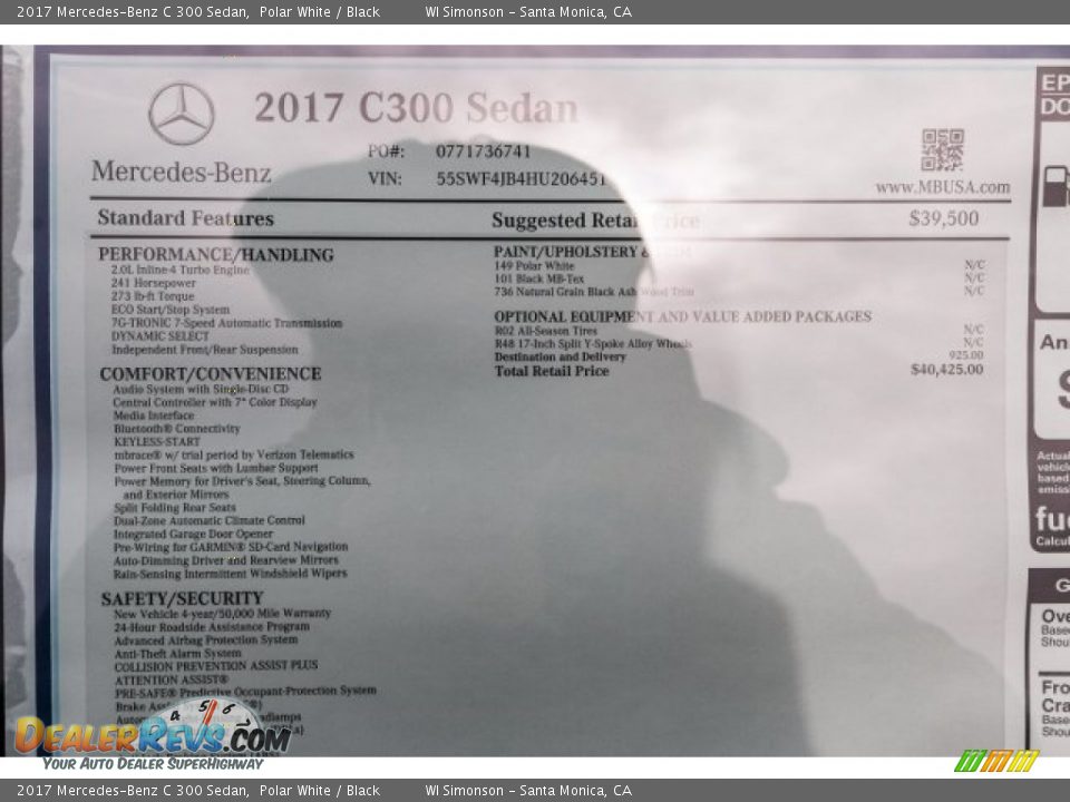 2017 Mercedes-Benz C 300 Sedan Polar White / Black Photo #10