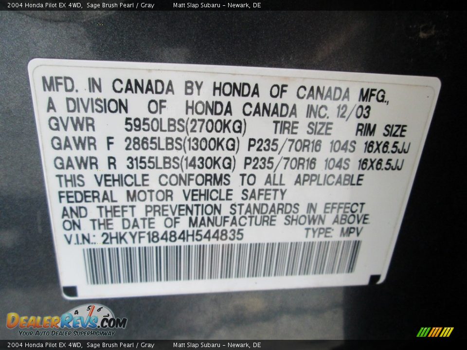 2004 Honda Pilot EX 4WD Sage Brush Pearl / Gray Photo #26