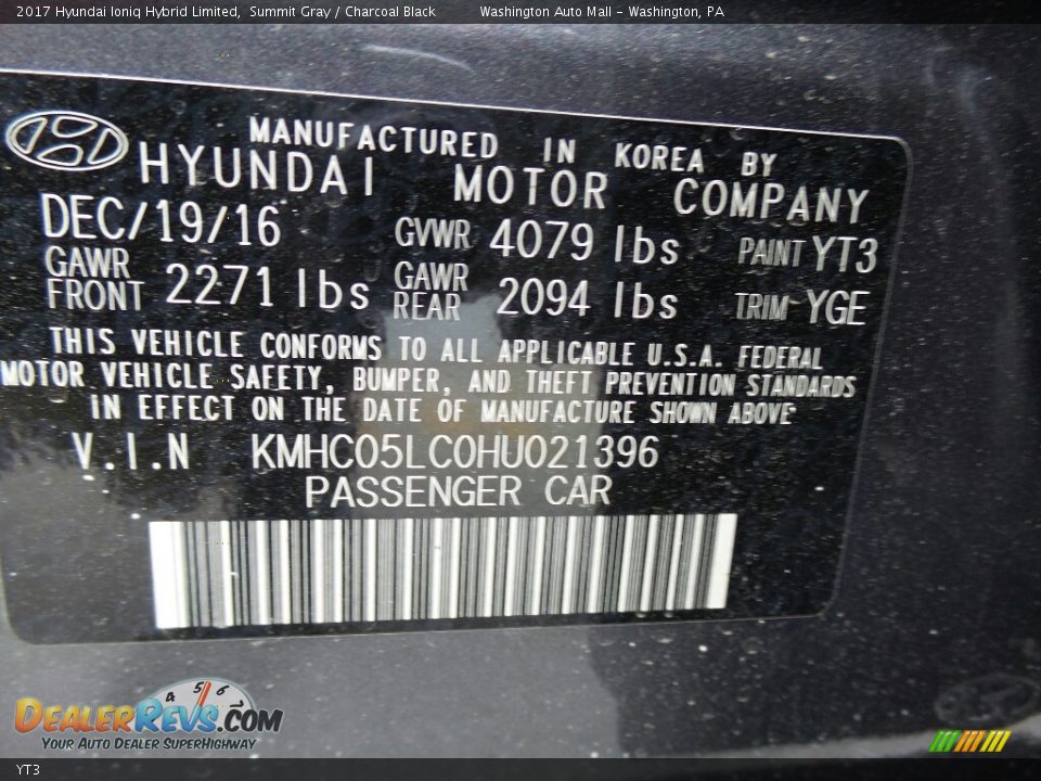 Hyundai Color Code YT3 Summit Gray