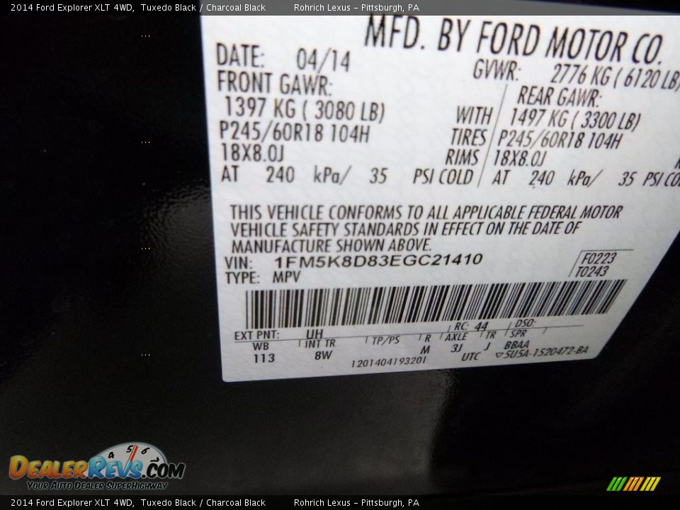 2014 Ford Explorer XLT 4WD Tuxedo Black / Charcoal Black Photo #27