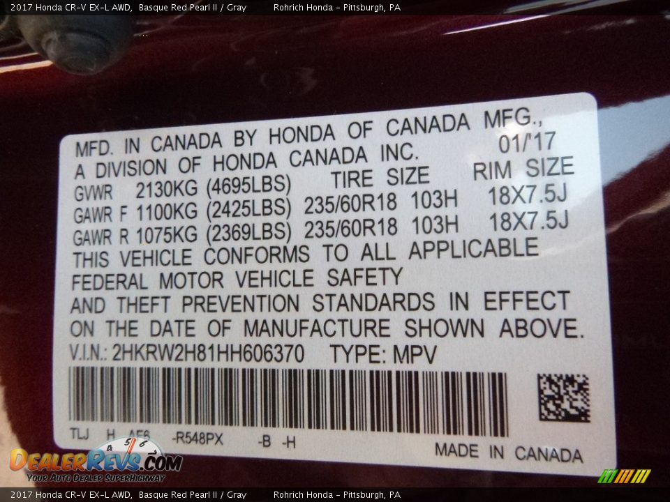 2017 Honda CR-V EX-L AWD Basque Red Pearl II / Gray Photo #11