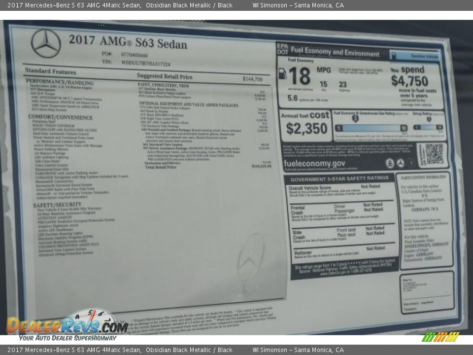 2017 Mercedes-Benz S 63 AMG 4Matic Sedan Window Sticker Photo #11