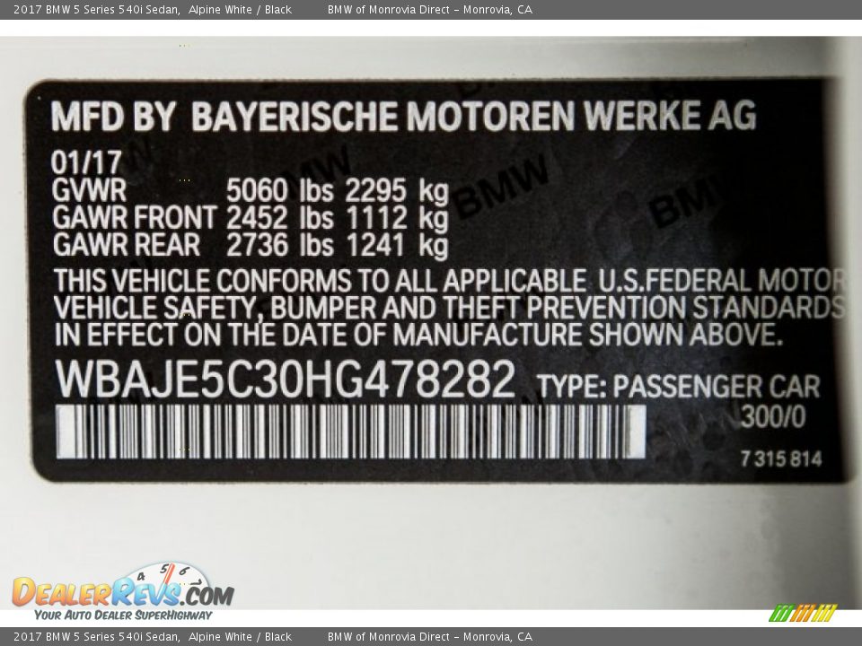 2017 BMW 5 Series 540i Sedan Alpine White / Black Photo #11