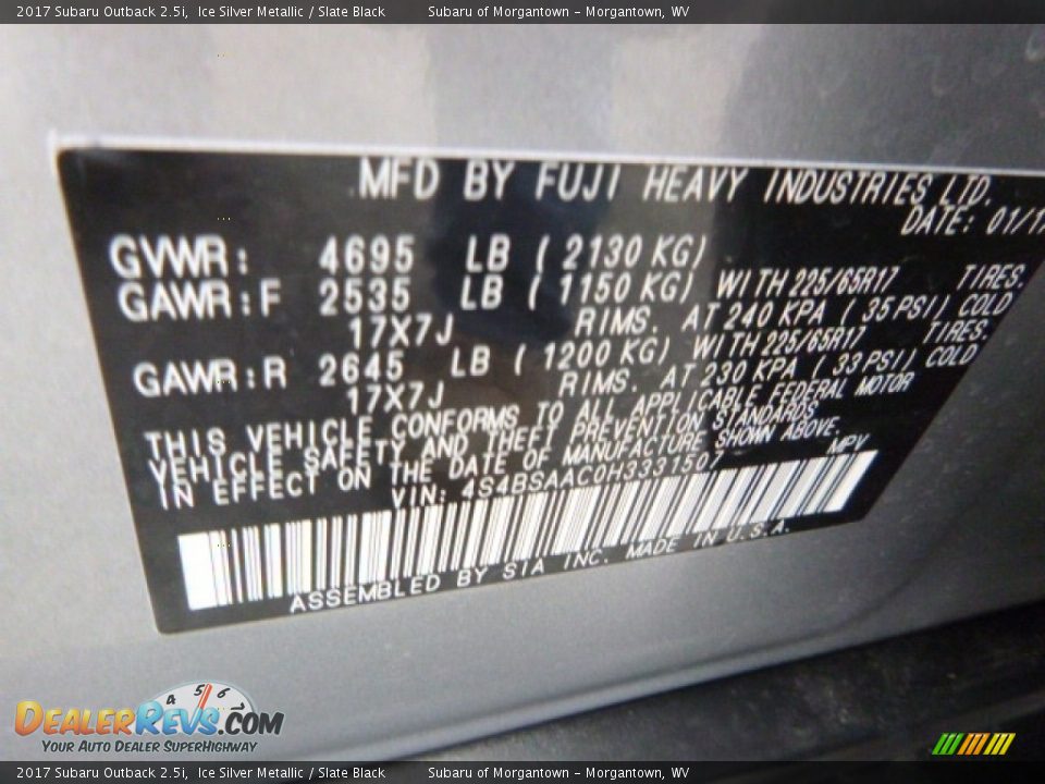 2017 Subaru Outback 2.5i Ice Silver Metallic / Slate Black Photo #15