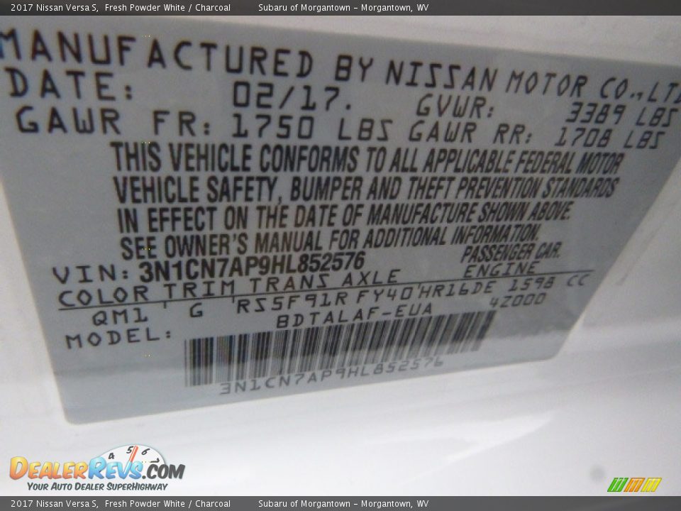 2017 Nissan Versa S Fresh Powder White / Charcoal Photo #16