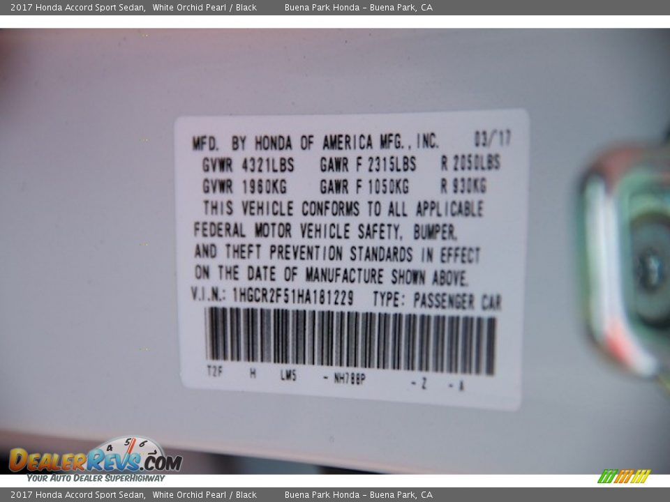 2017 Honda Accord Sport Sedan White Orchid Pearl / Black Photo #16