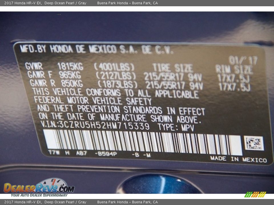 2017 Honda HR-V EX Deep Ocean Pearl / Gray Photo #19