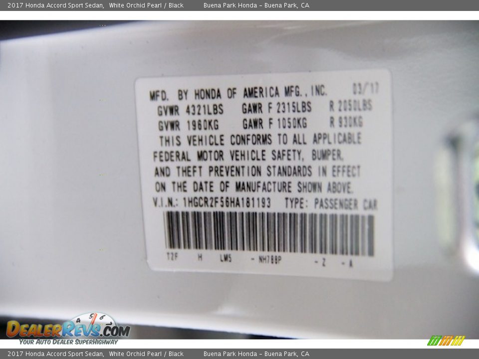 2017 Honda Accord Sport Sedan White Orchid Pearl / Black Photo #16