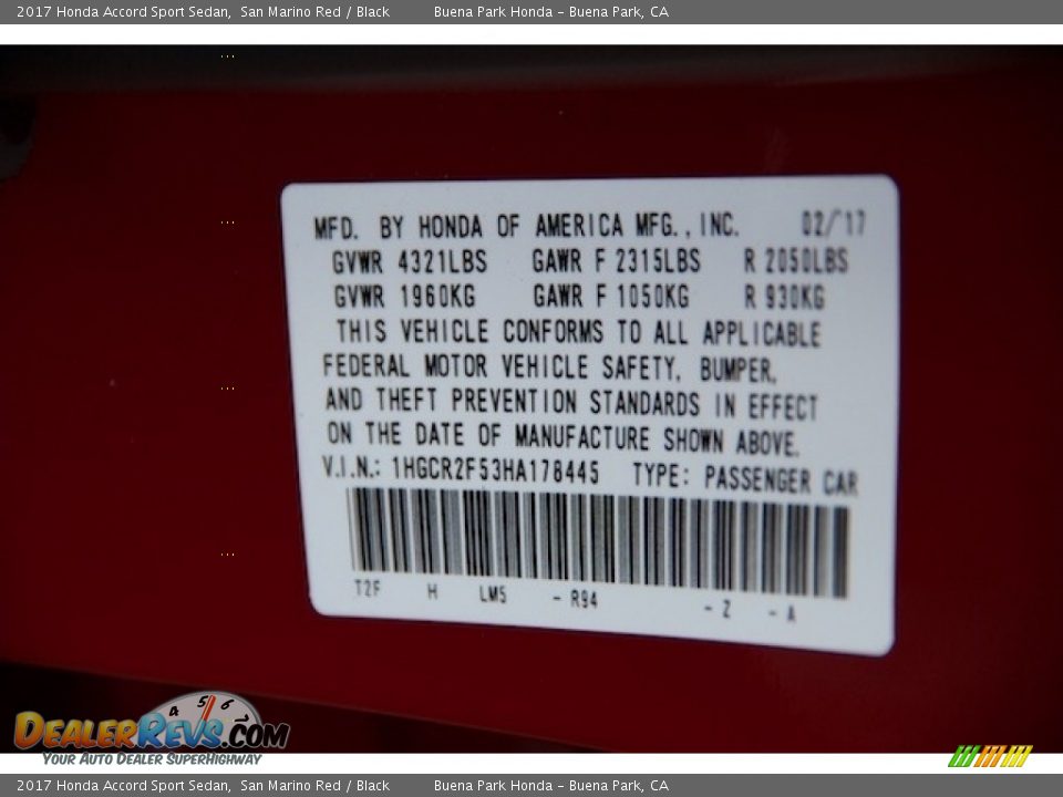 2017 Honda Accord Sport Sedan San Marino Red / Black Photo #16