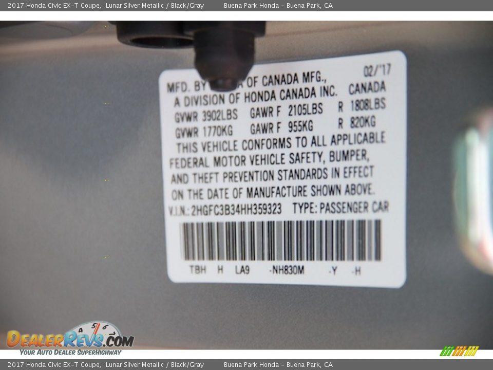 2017 Honda Civic EX-T Coupe Lunar Silver Metallic / Black/Gray Photo #17