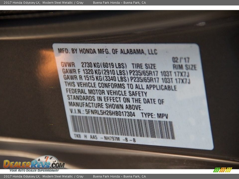 2017 Honda Odyssey LX Modern Steel Metallic / Gray Photo #22