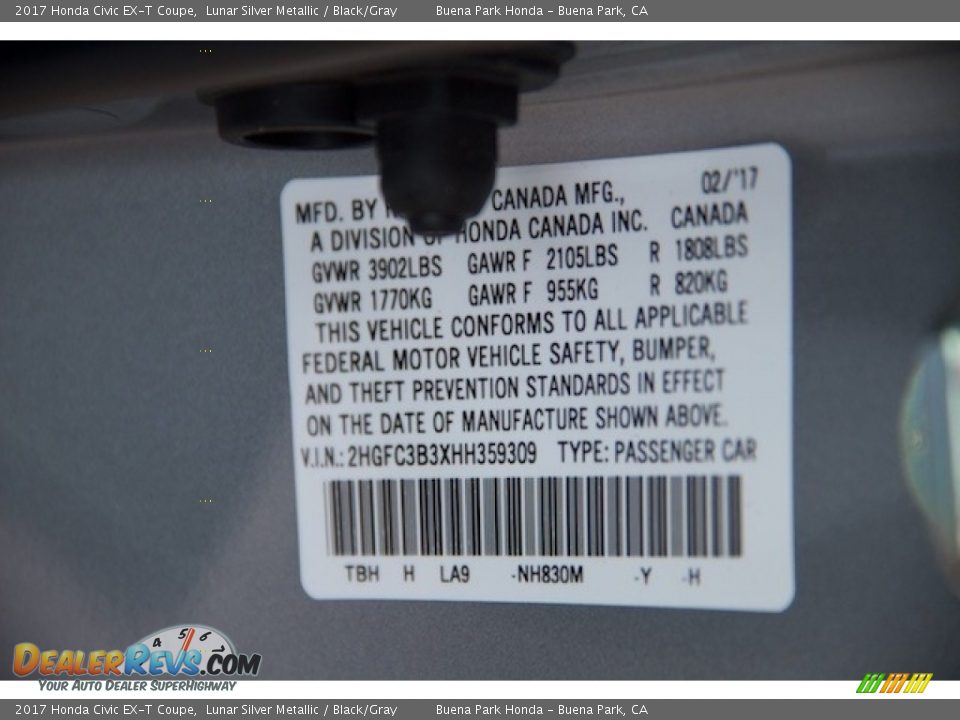 2017 Honda Civic EX-T Coupe Lunar Silver Metallic / Black/Gray Photo #17