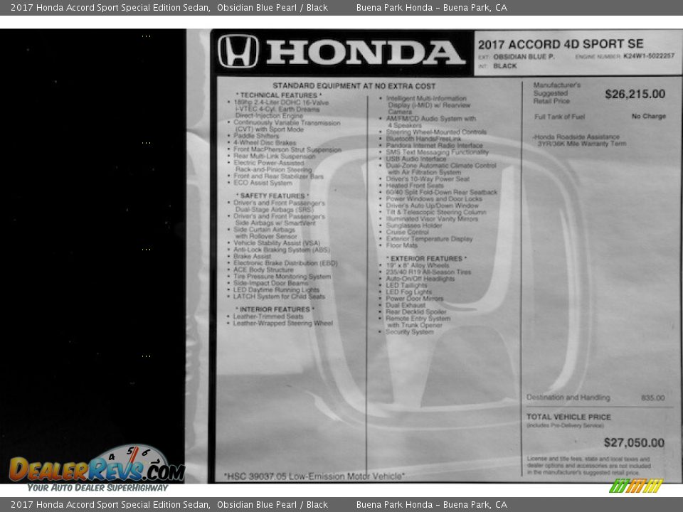 2017 Honda Accord Sport Special Edition Sedan Obsidian Blue Pearl / Black Photo #16