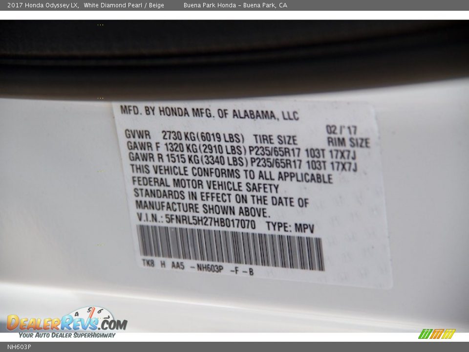 Honda Color Code NH603P White Diamond Pearl